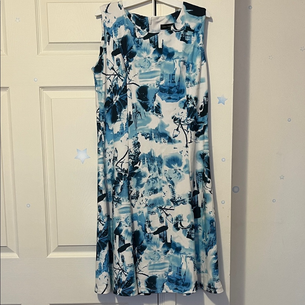 Blue and White Sleeveless Scoop Neck Sundress